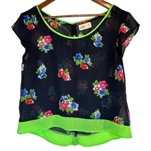 Hollister Womens Medium Blue Green Floral Sheer Button Back Detailing Top Blouse